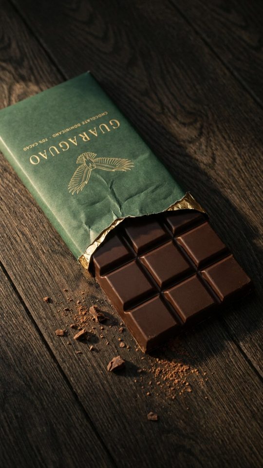 Barra de chocolate Guaraguao abierta sobre madera oscura