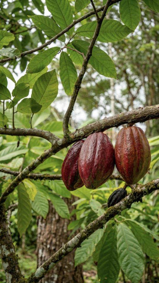Mazorcas de cacao en la mata